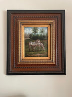 Vintage Matching Hand-Painted Vase Framed Oil Painting Set Zebra Art Wildlife Vase Set Same Artist Wall Art Wood Frame Floral Animal Motifs