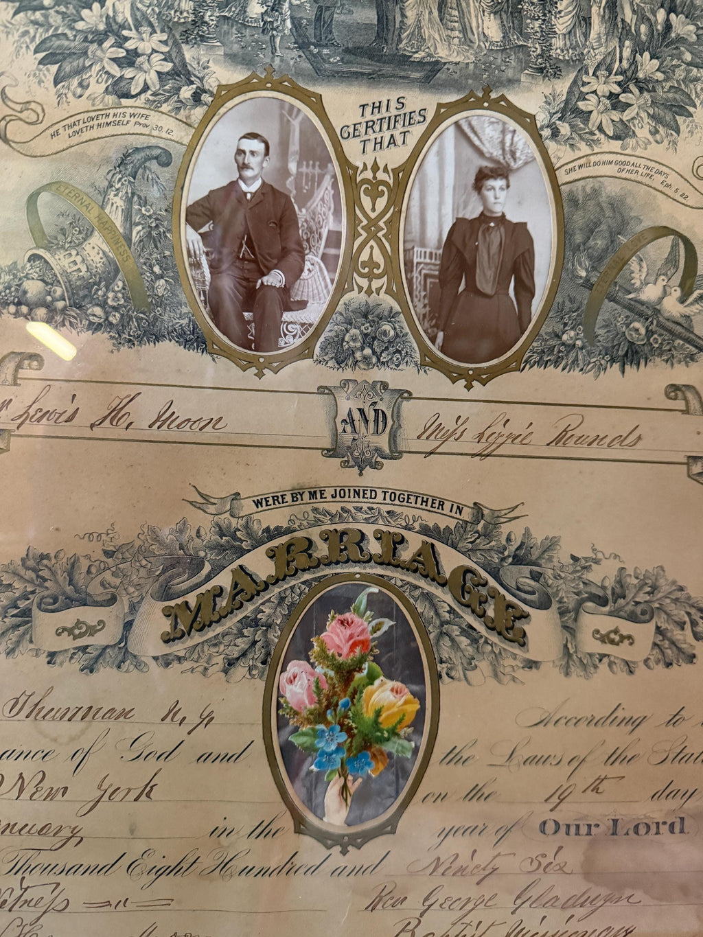 Antique 1896 Marriage Certificate Art Print Framed Religious Floral Engraving Wall Decor Wedding Ephemera Victorian Couple Photograph