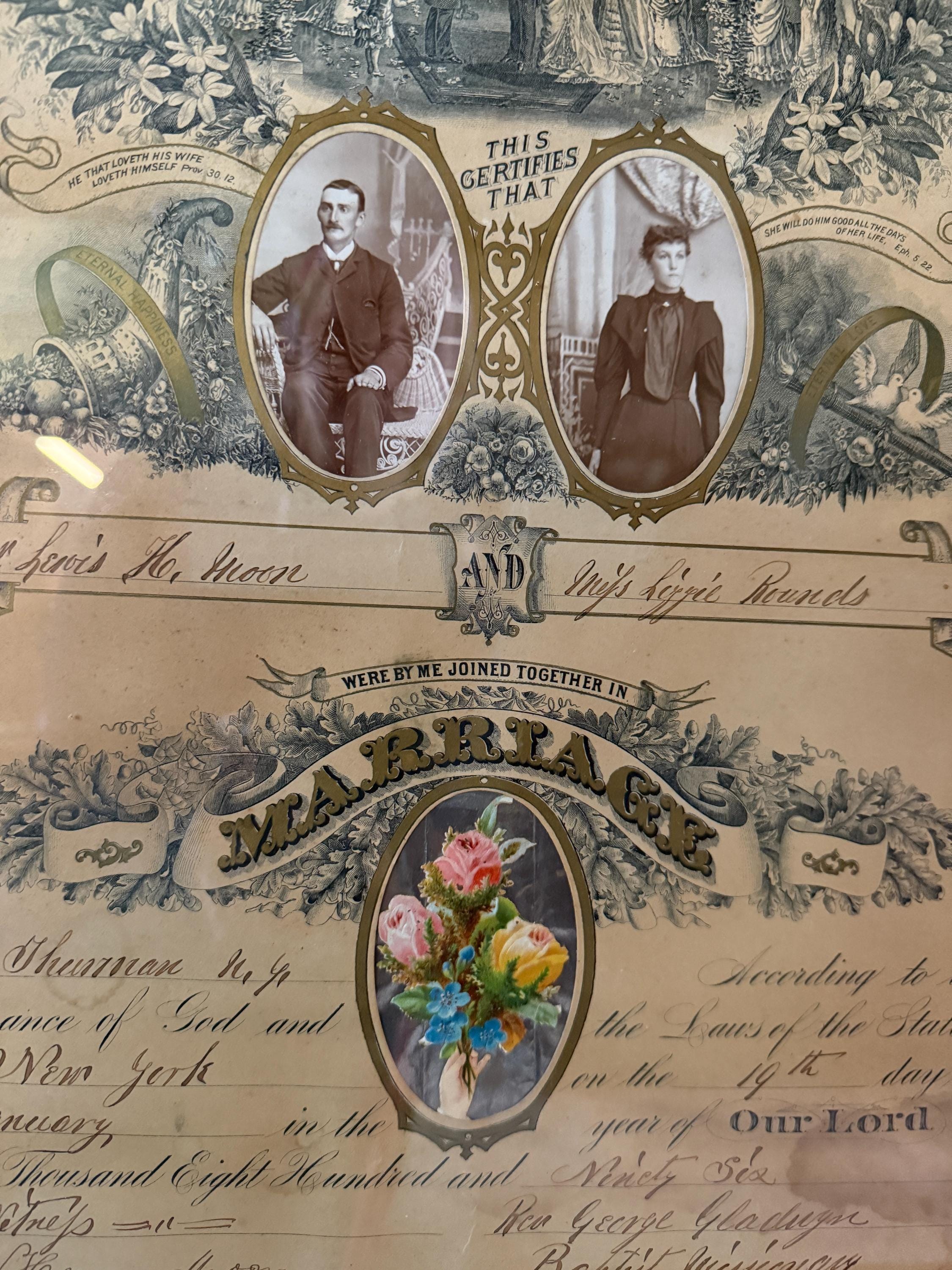 Antique 1896 Marriage Certificate Art Print Framed Religious Floral Engraving Wall Decor Wedding Ephemera Victorian Couple Photograph