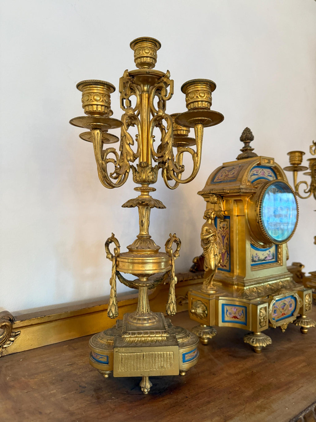 Antique French Ormolu Clock Candelabra Garniture Set Late 19th Century Cloisonné Enamel Sevres  Porcelain Clock  Set Luxurious Home Decor