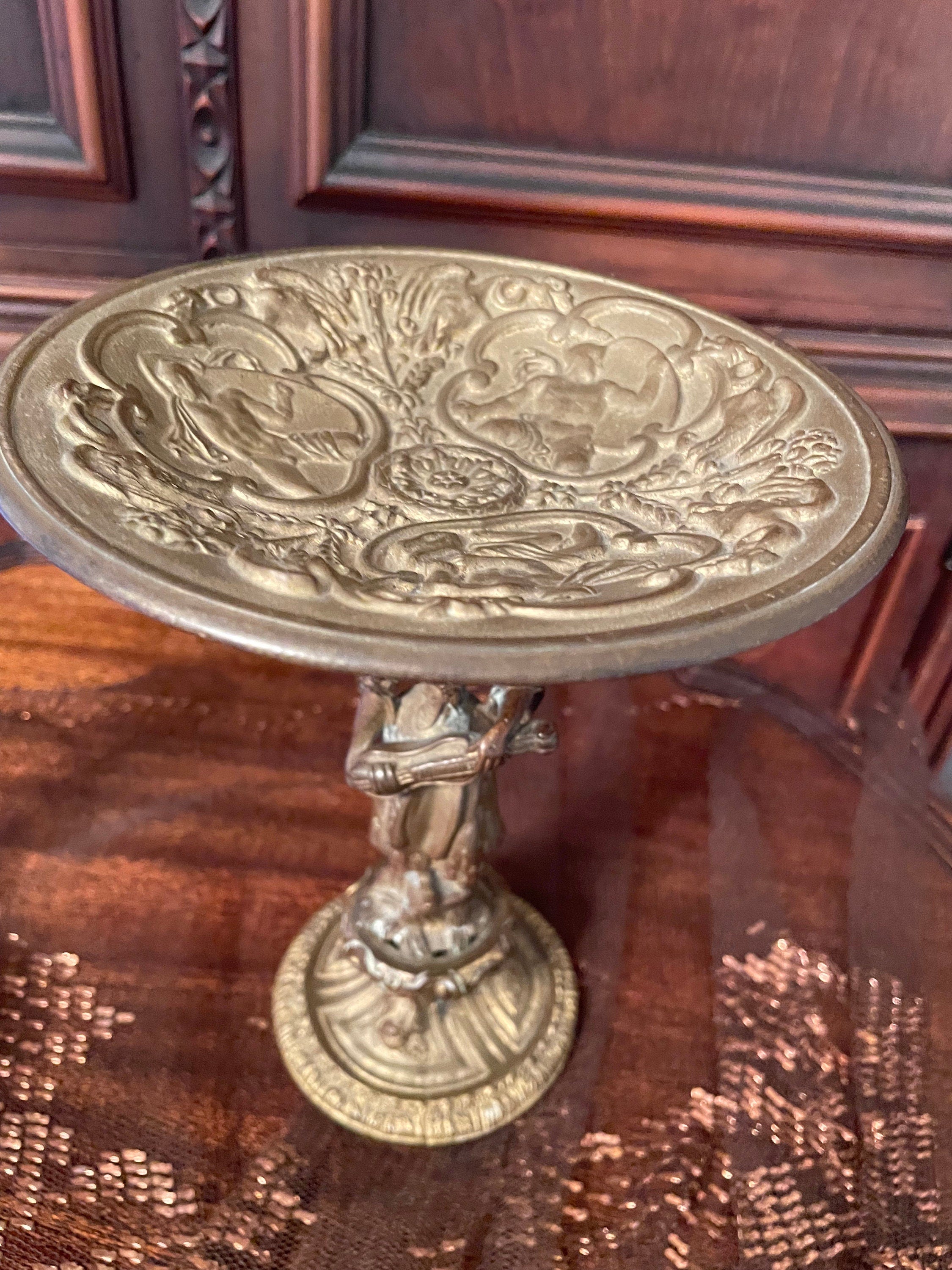 Antique Brass Compote Dish Pair Elegant Detailed Stands Featuring Classical Musician Figures Vintage French Style Home Decoration Accent