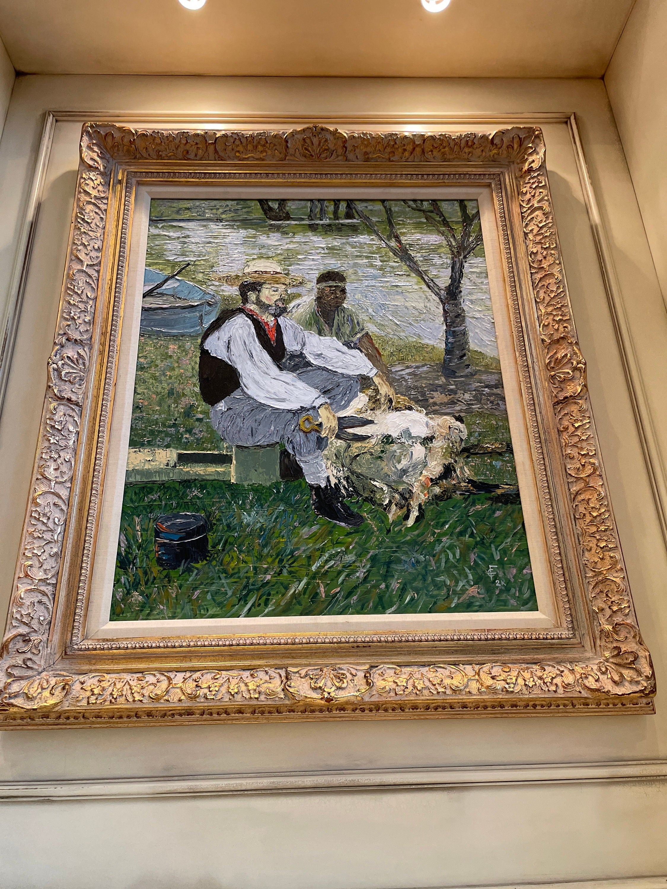 Framed Impressionist Oil Painting Pastoral Scene River Men Shearing Sheep Gilt Wood Frame Signed Wall Art Decoration Thick Brush Strokes