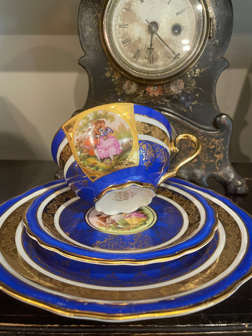 Vintage Set of 3 Blue & Gold Trim Froganard Design Collectible Cup Saucer Plate