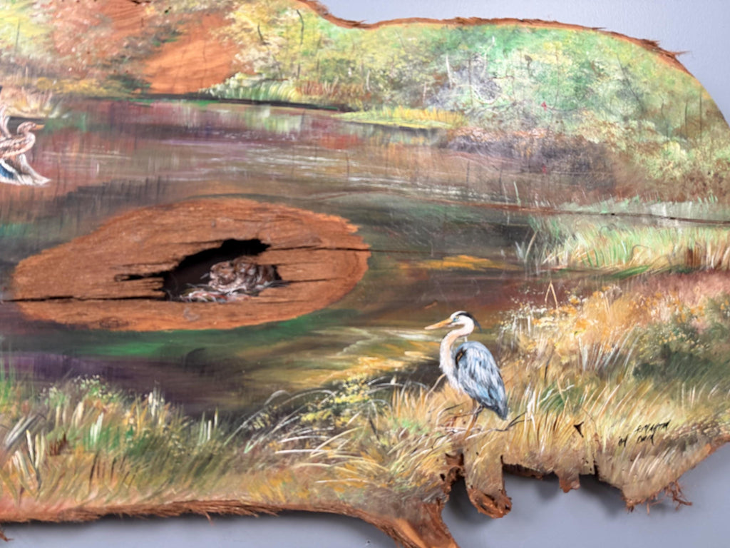 Vintage Wildlife Painting on Natural Wood Slab, Bears, Ducks, Heron, Rustic Folk Art