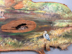 Vintage Wildlife Painting on Natural Wood Slab, Bears, Ducks, Heron, Rustic Folk Art