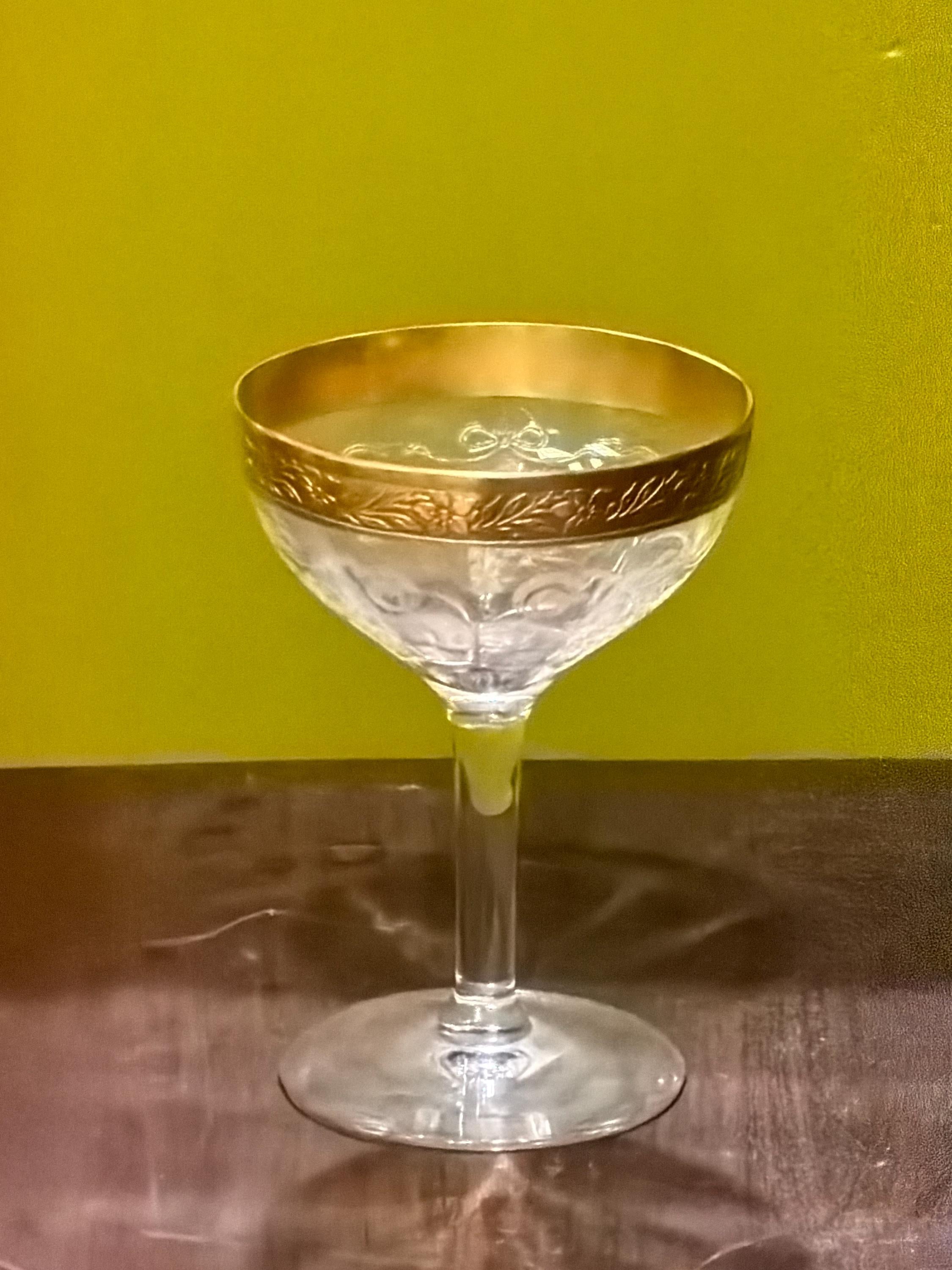 Vintage Gold Rim Etched Floral Champagne Coupe Glasses (Set of 12)