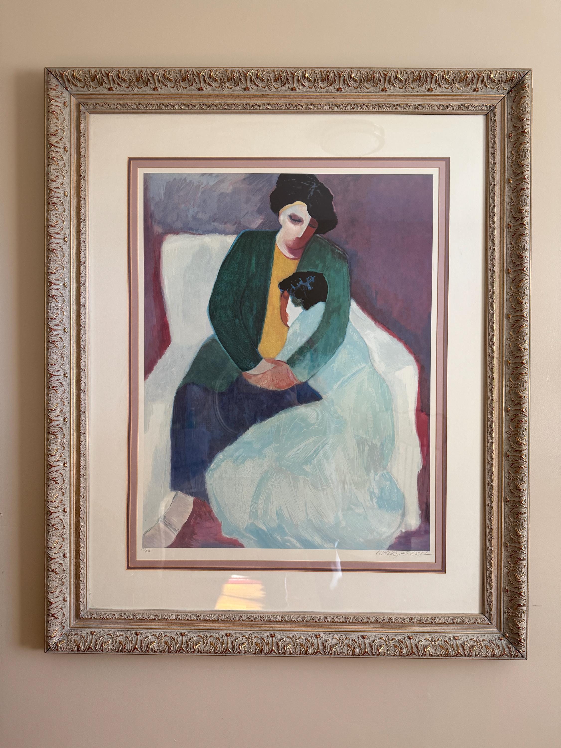 Vintage Framed Abstract Art Print Woman Child Ornate Gold Frame Colorful Modernist Design Home Décor Wall Accent Collectible Art Piece
