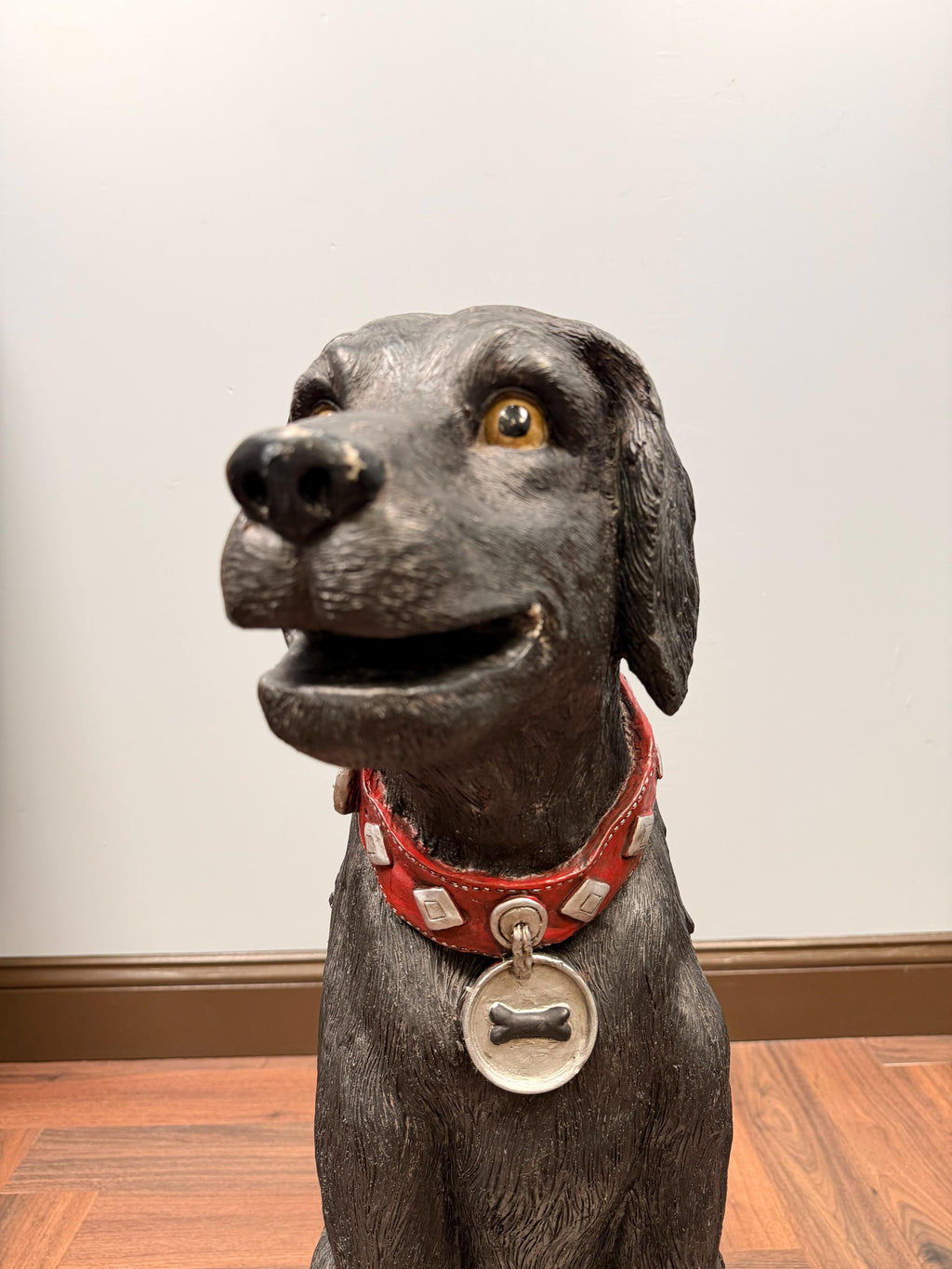 Vintage Black Labrador Dog Statue with Ball and Bone Resin Sculpture