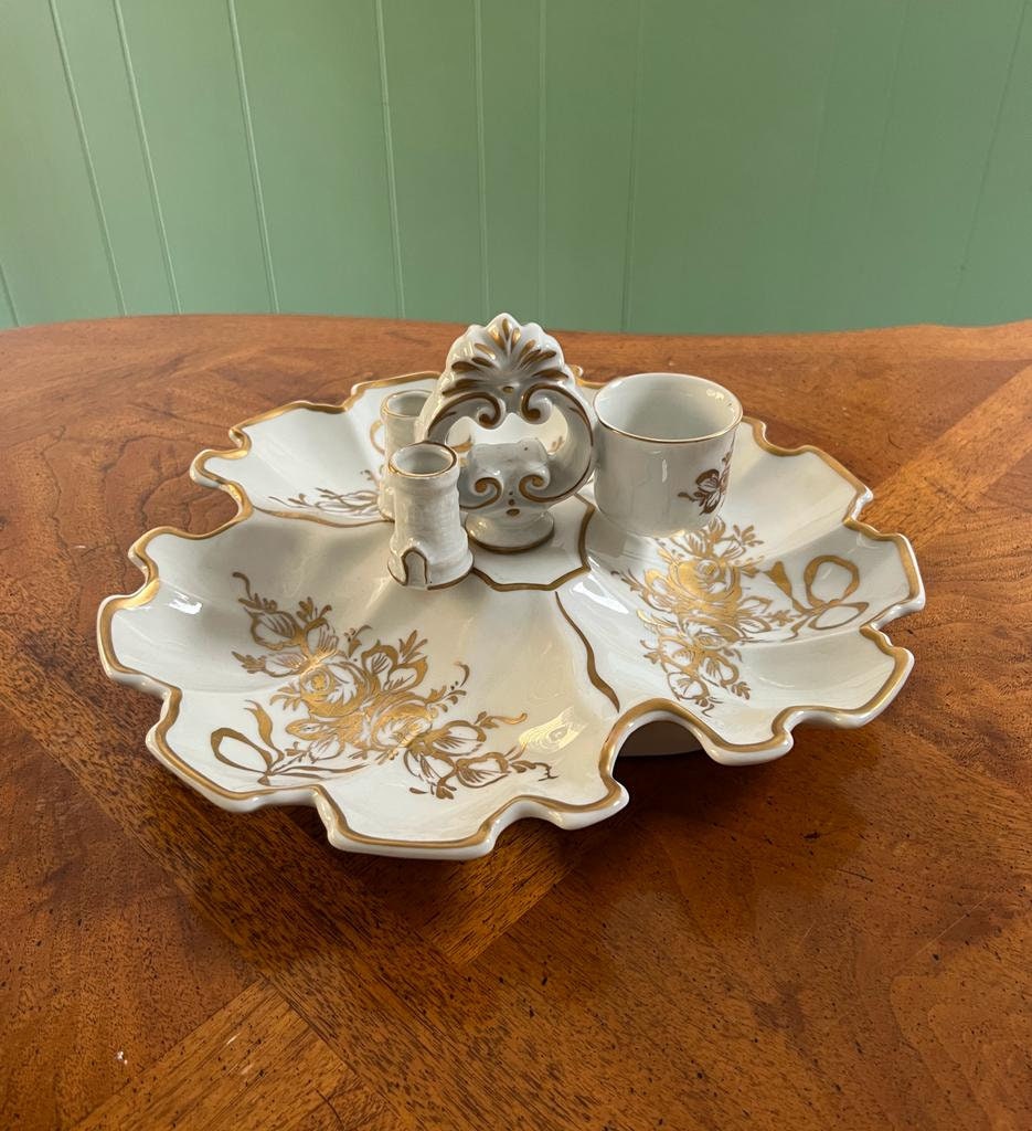 Vintage Hand Painted Porcelain Vanity Tray Rococo Style Handle Floral Design Gold Trim Brush Holder Cup Elegant Victorian Bathroom Decor