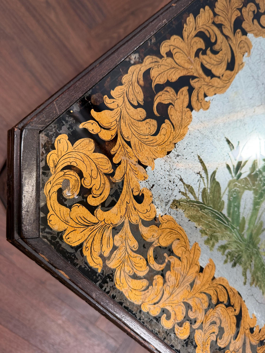 Vintage Italian Chinoiserie Coffee Table, Hand Painted Asian Scenic Glass Top