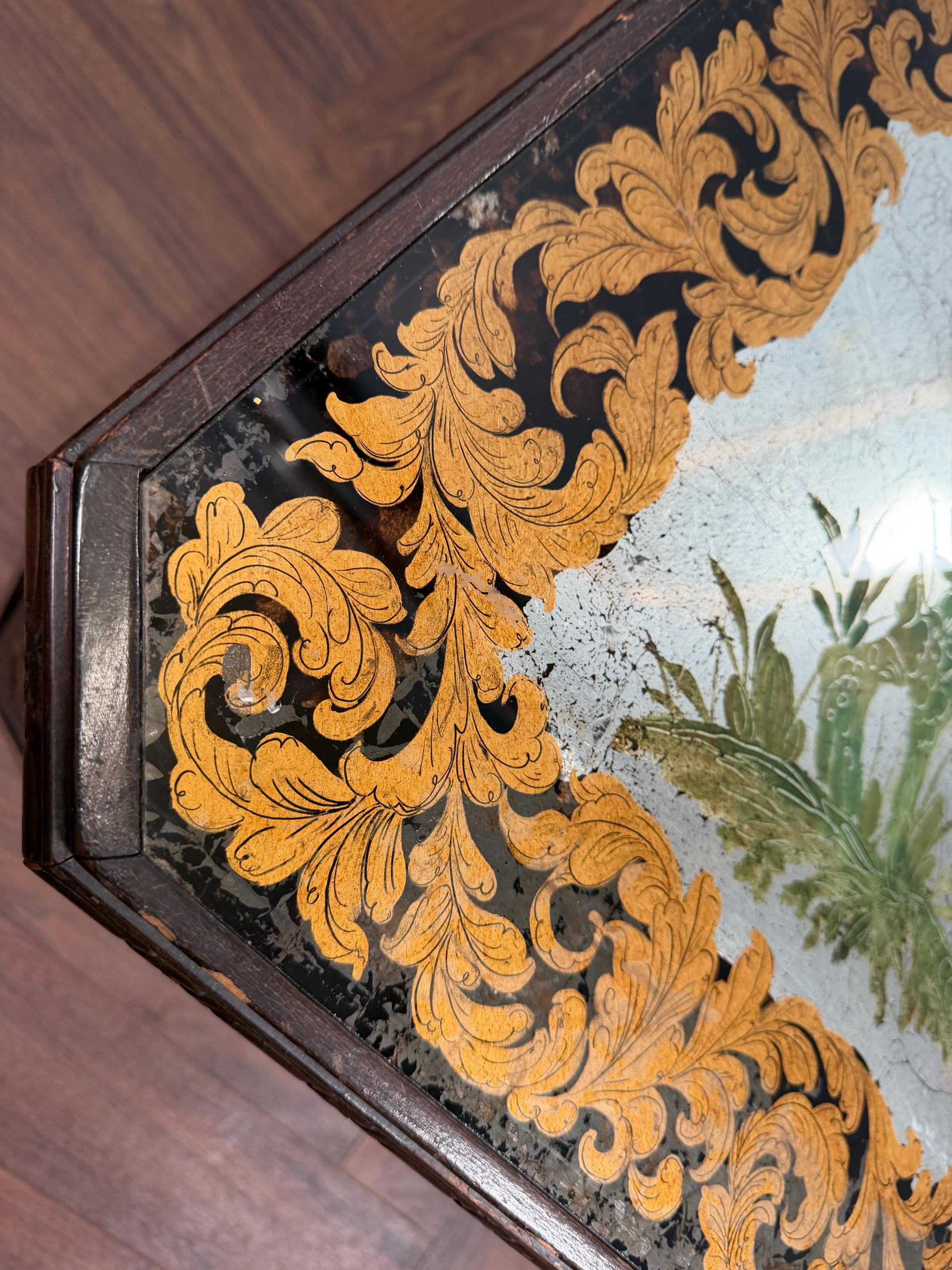 Vintage Italian Chinoiserie Coffee Table, Hand Painted Asian Scenic Glass Top