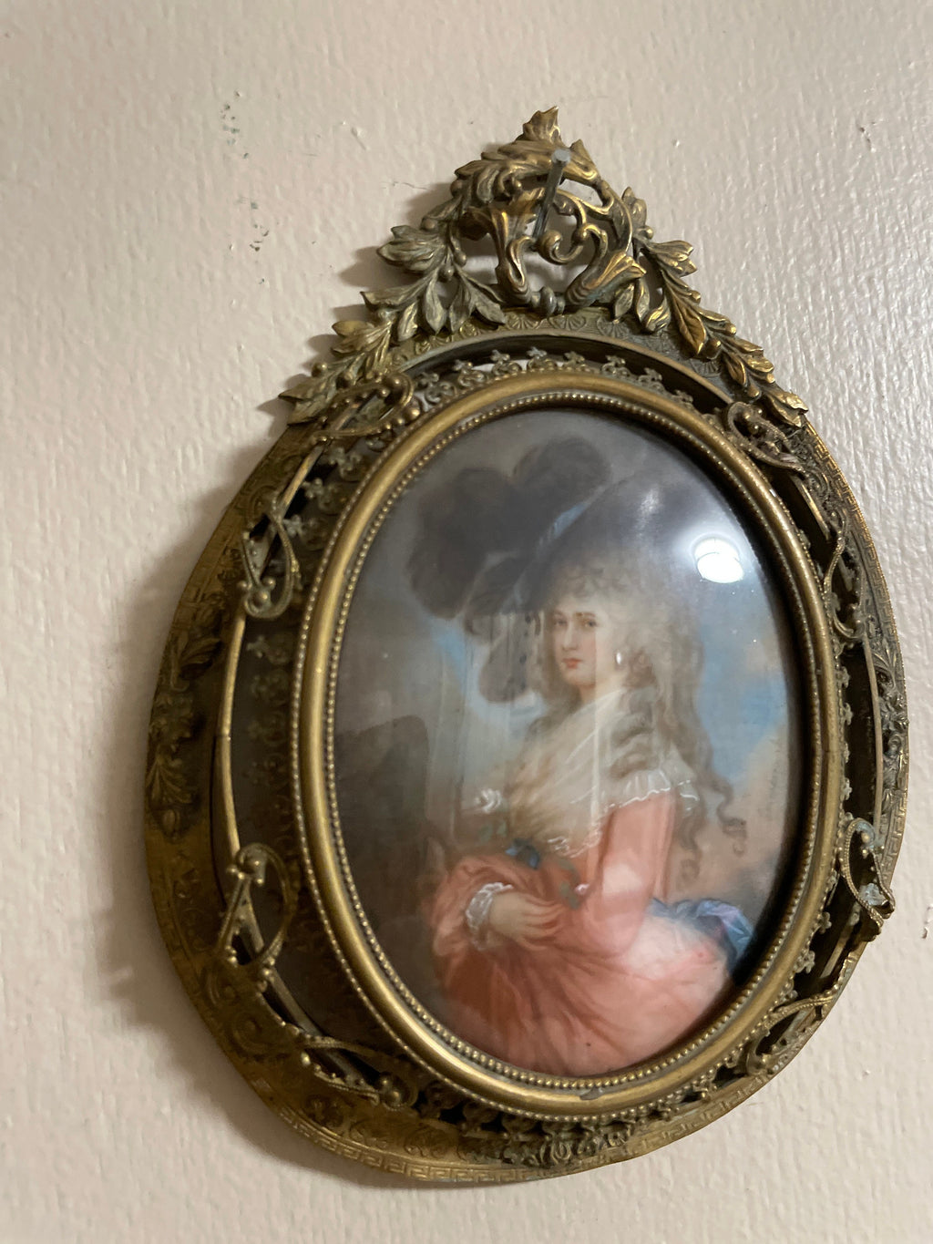 Romantic Antique French Style Portrait Miniatures Set of Two Hand Painted in Ornate Brass Frames 18th Century Rococo Wall Art Decor Gift