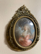 Romantic Antique French Style Portrait Miniatures Set of Two Hand Painted in Ornate Brass Frames 18th Century Rococo Wall Art Decor Gift
