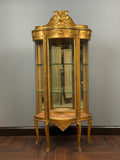 Victorian Wood Gilded Glass Display Cabinet Curved Glass Antique Showcase Shelves Gold Trimmed Curio Cherub