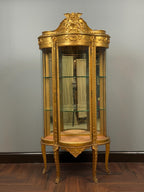 Victorian Wood Gilded Glass Display Cabinet Curved Glass Antique Showcase Shelves Gold Trimmed Curio Cherub
