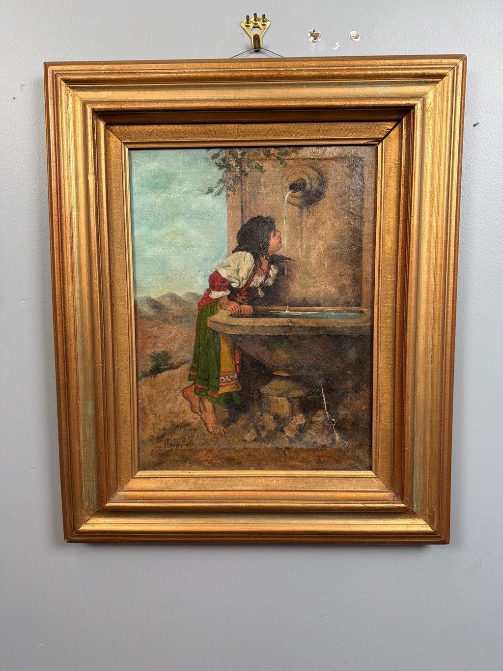 Antique European Oil Painting Girl at Fountain Signed Oil on Canvas Gilt Frame Late 19th Century