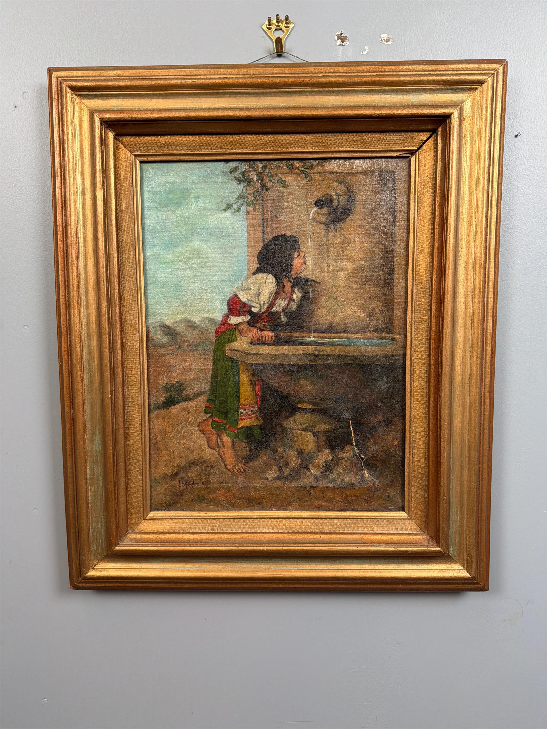 Antique European Oil Painting Girl at Fountain Signed Oil on Canvas Gilt Frame Late 19th Century