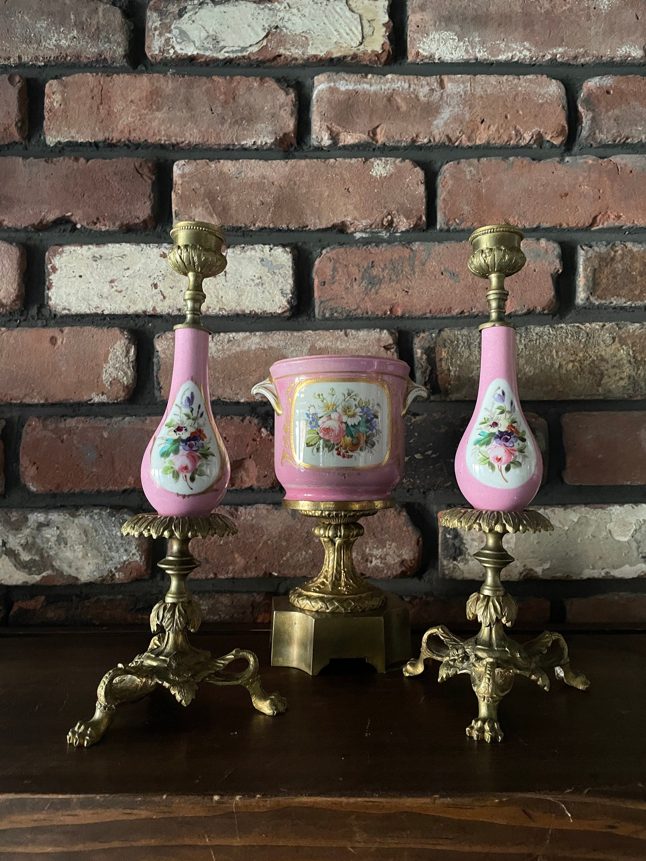 French Antique Porcelain Floral Centerpiece Pink Candlestick Set Brass Base Romantic Home Decor Table Accent Elegant Vintage Display