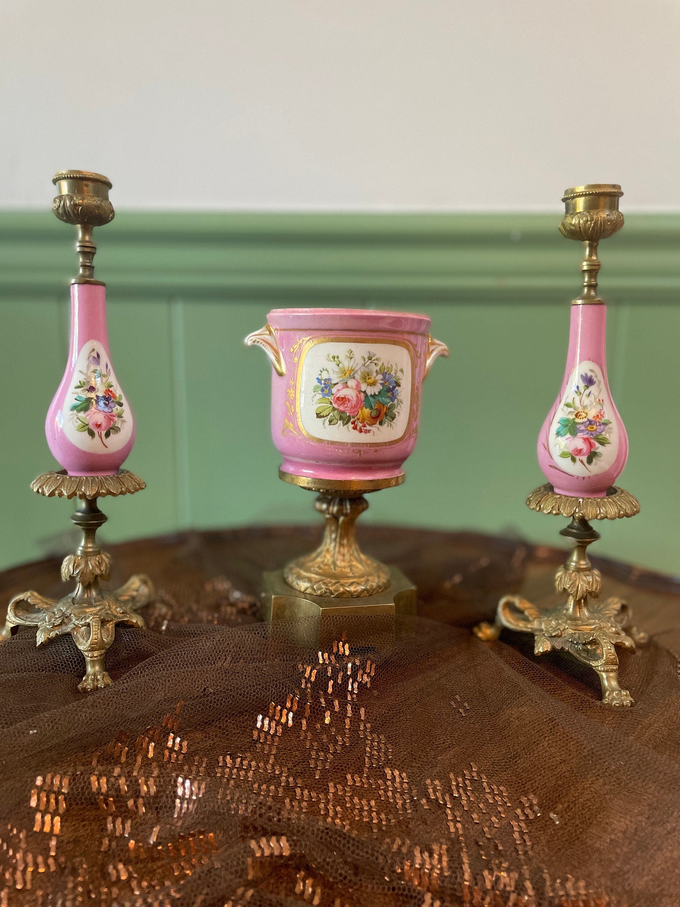 French Antique Porcelain Floral Centerpiece Pink Candlestick Set Brass Base Romantic Home Decor Table Accent Elegant Vintage Display