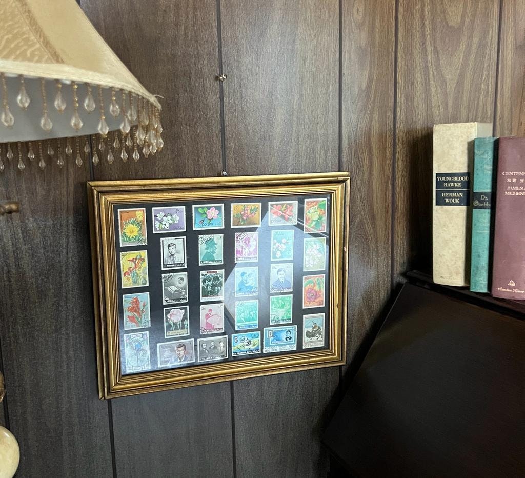 Framed Vintage International Postage Stamp Collection Floral Portraits Political Leaders Mid Century Wall Decor Gift Idea Collectible Art