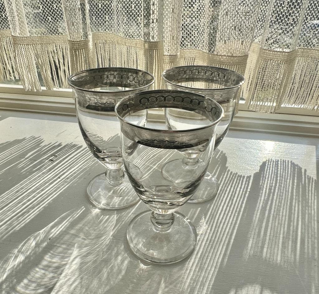 Vintage Silver Rimmed Water Goblets Set Elegant Clear Glass Footed Cups Classic Mid Century Barware Wedding Dinner Display Collection