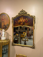 Antique French Rococo Style Gilt Wood Trumeau Mirror with Hand-Painted Floral Panel