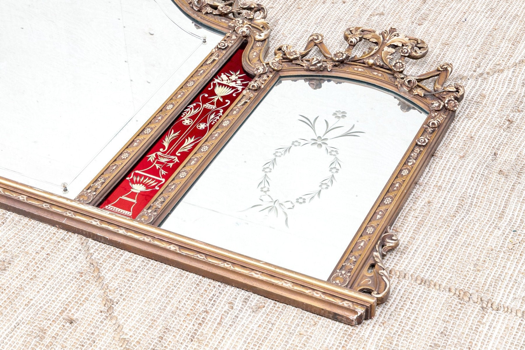 Antique Trifold Mirror Gilt Carved Frame Etched Glass Victorian Neoclassical Mirror Red Panel Impressive Etched 3 Part Large Mirror C 1840