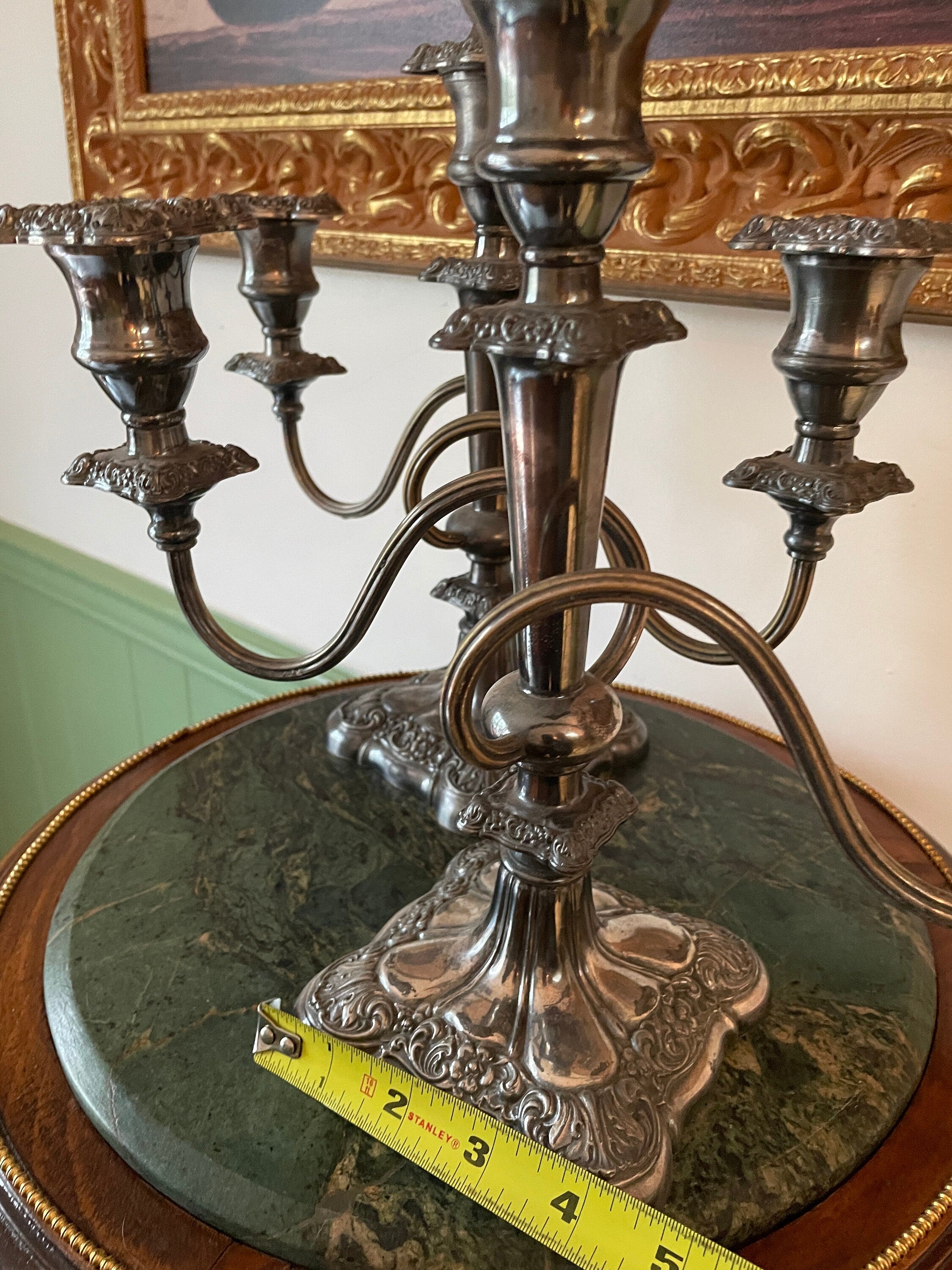 Antique Pair Silver Candelabra Five Arm Baroque Candle Holders Ornate Heavy Metal Candle Stand Classical Decoration Mantel Table Display