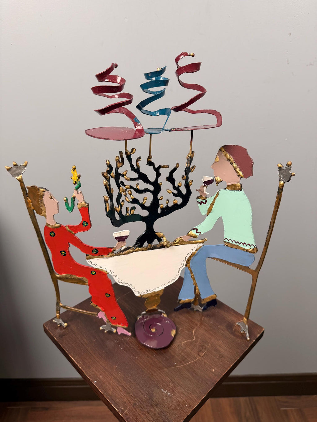 Vintage Hand-Painted Metal Judaica Folk Art Sculpture – Menorah Celebration Couple Table Scene