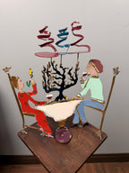 Vintage Hand-Painted Metal Judaica Folk Art Sculpture – Menorah Celebration Couple Table Scene