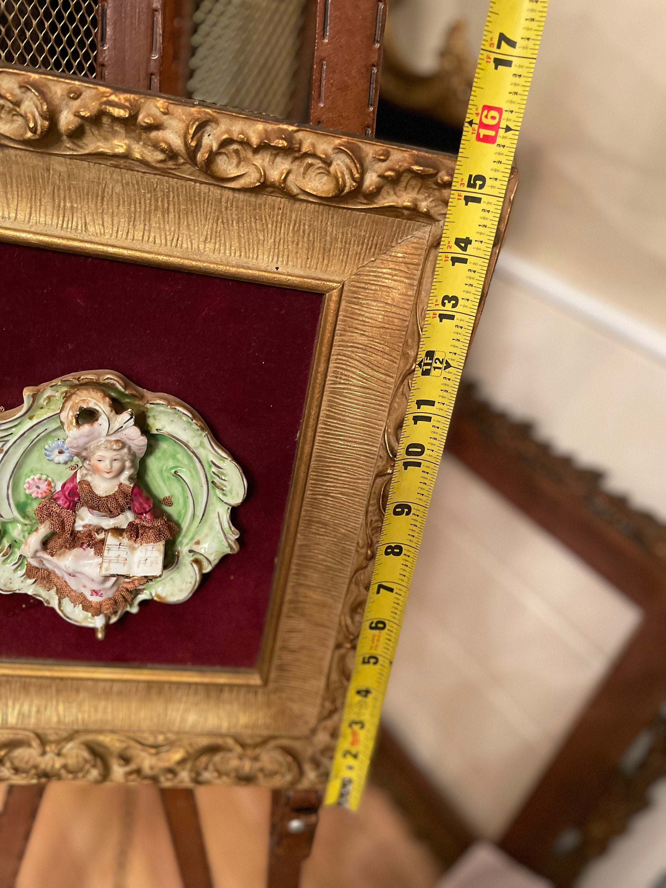 Antique Porcelain Wall Plaque Couple Relief Gilt Frame Velvet Backing Victorian Style French Rococo Art Figurine Decor Romantic Gift Idea
