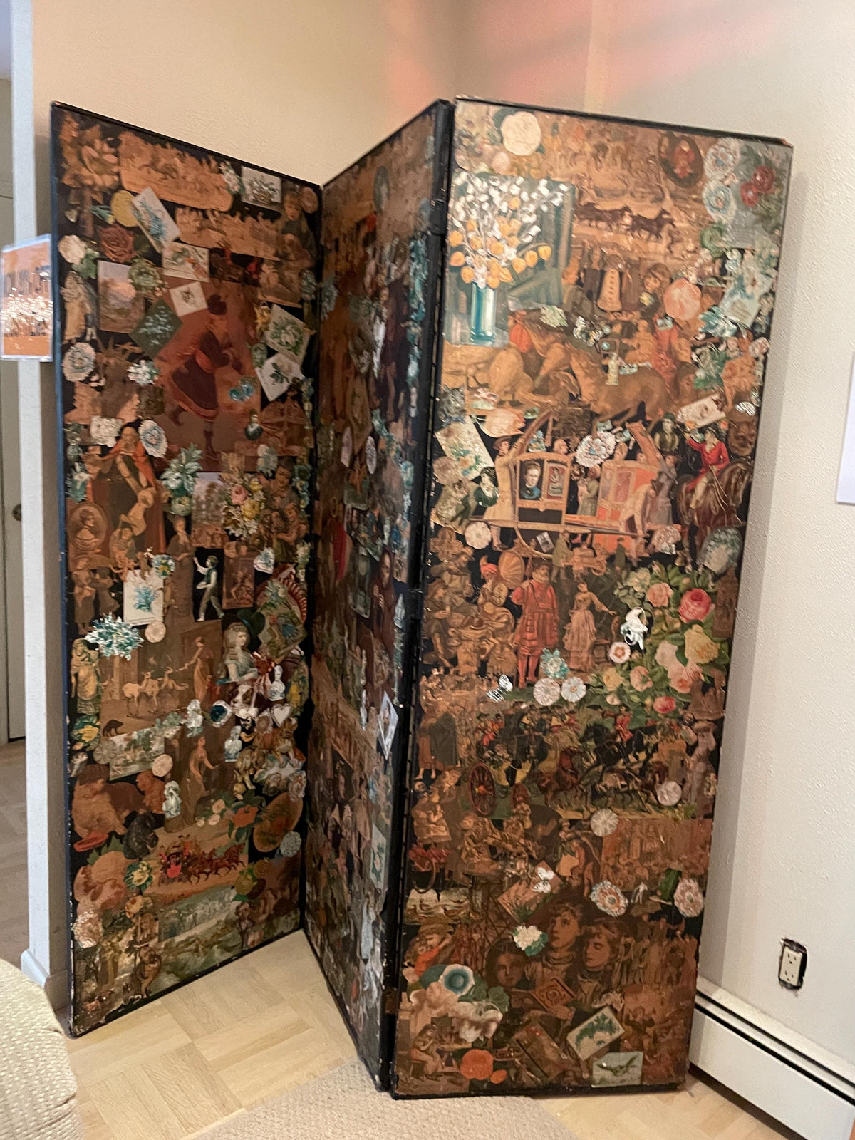 Victorian Decoupage Folding Screen Antique Handcrafted Collage Art Wall Decor Featuring Vintage Illustrations Beautiful Painted Wood Panels
