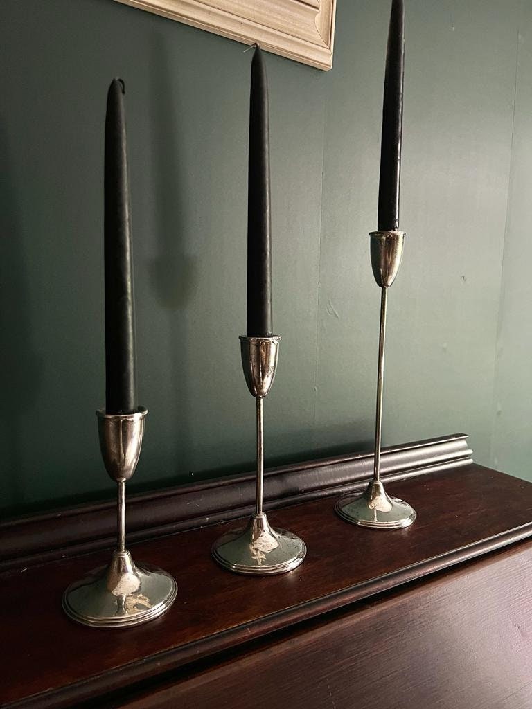 Mid Century Modern Silver Plated Taper Candle Holders Set of 3 Tall Elegant Sleek Vintage Candlesticks Table Decor Hollywood Regency Style
