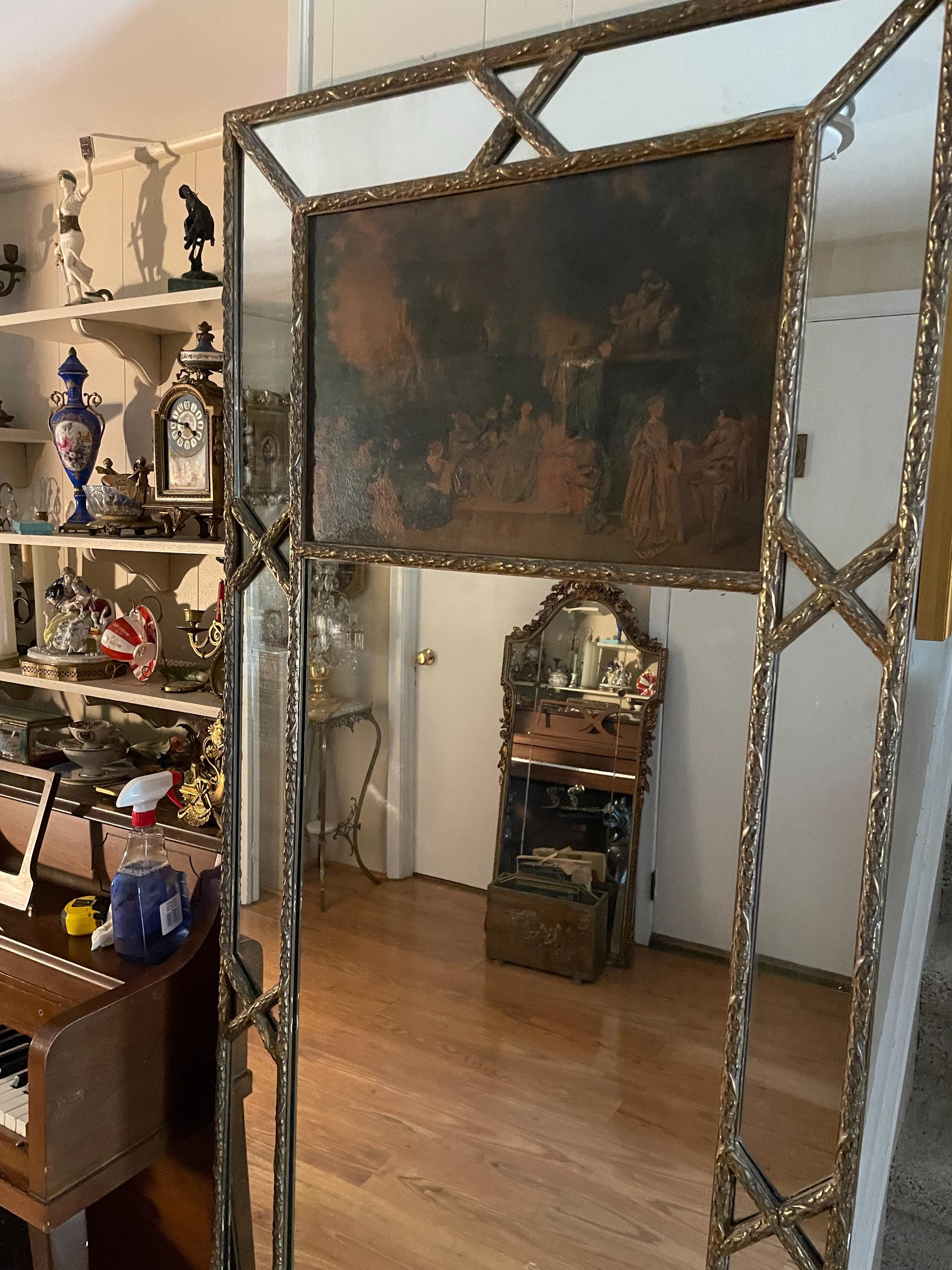 Antique  French Trumeau Gold Wood with Oil  Painting Tall Mirror 1900s
