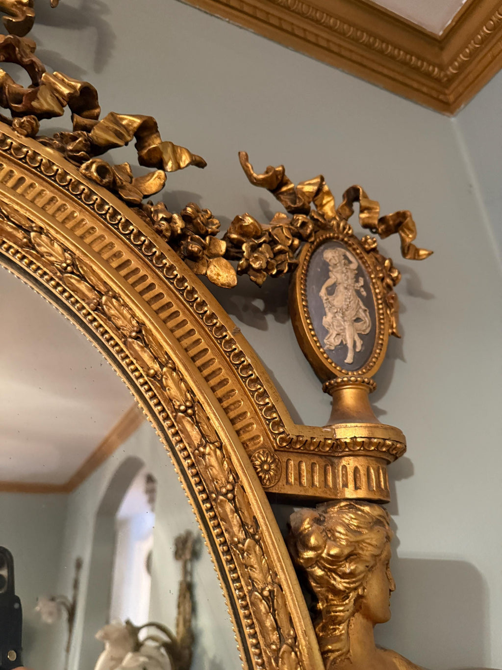 Antique French Gilded Convex Mirror, Neoclassical Urn & Female Figures