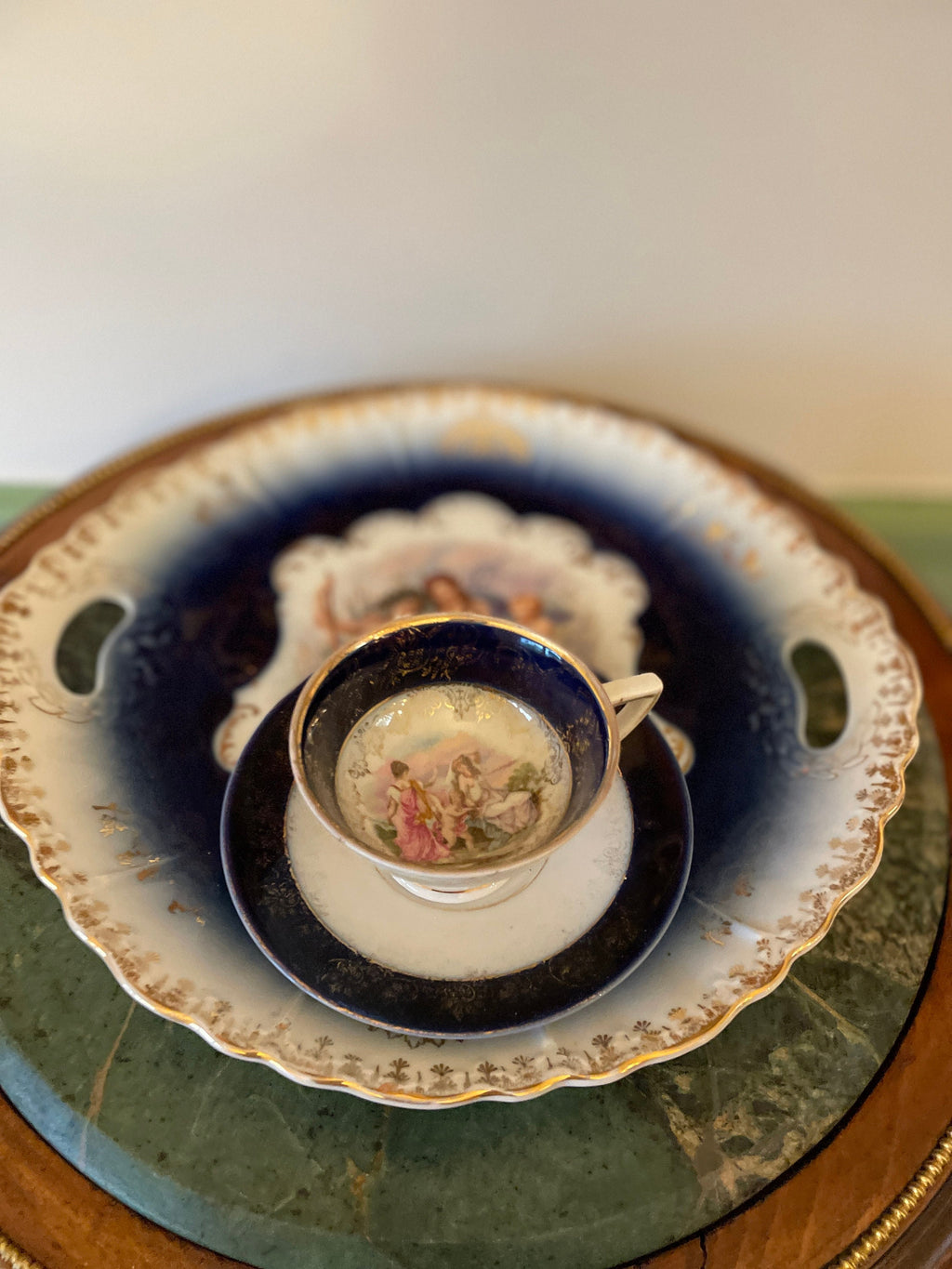 Antique Cobalt Blue Porcelain Tray Tea Cup Saucer Set Mythological Figures Hand Painted Gold Details Rococo Design European Collectible Art