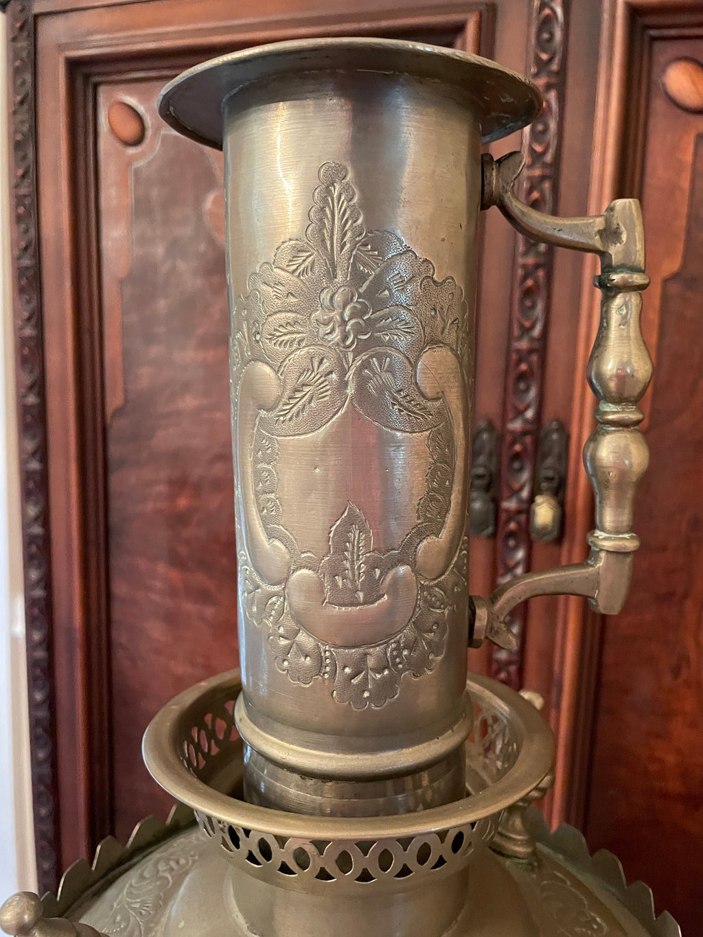 Antique Middle Eastern Samovar Large Engraved Brass Tea Urn Footed Base Unique Floral Pattern Arabic Script Collectible Decoration Piece
