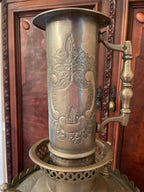 Antique Middle Eastern Samovar Large Engraved Brass Tea Urn Footed Base Unique Floral Pattern Arabic Script Collectible Decoration Piece