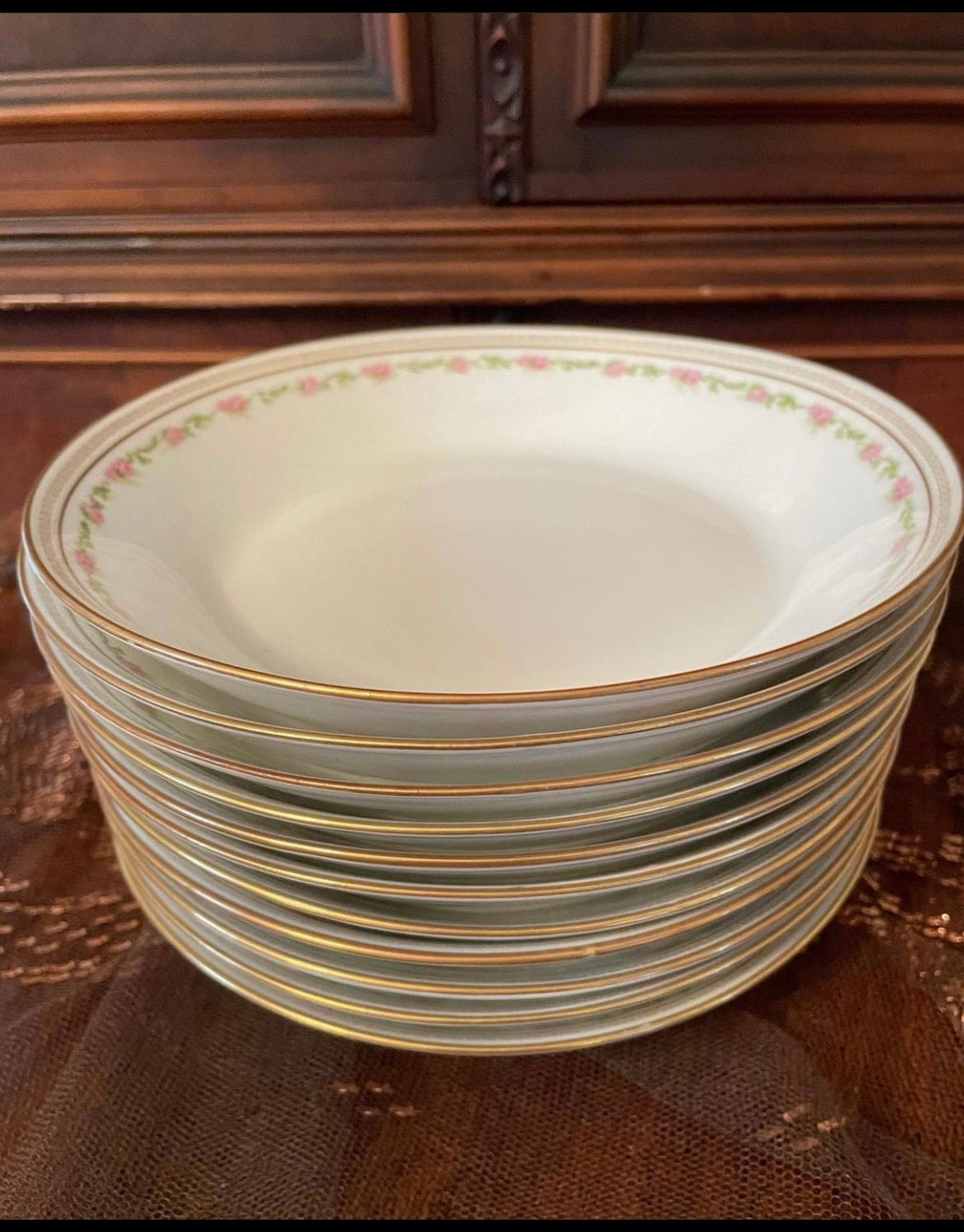Limoges Old Abbey Porcelain Pink Floral Dinner Set Limoges Dinner Rim Plate Bowl Limoges Serving Dishes Gravy Tray Made in France 62 Pieces