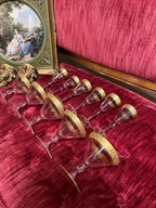 Vintage Gold Rimmed Glassware Set Crystal Dessert Plates Barware Tumblers Wine Glasses Cocktail Goblets Elegant Hollywood Regency Style