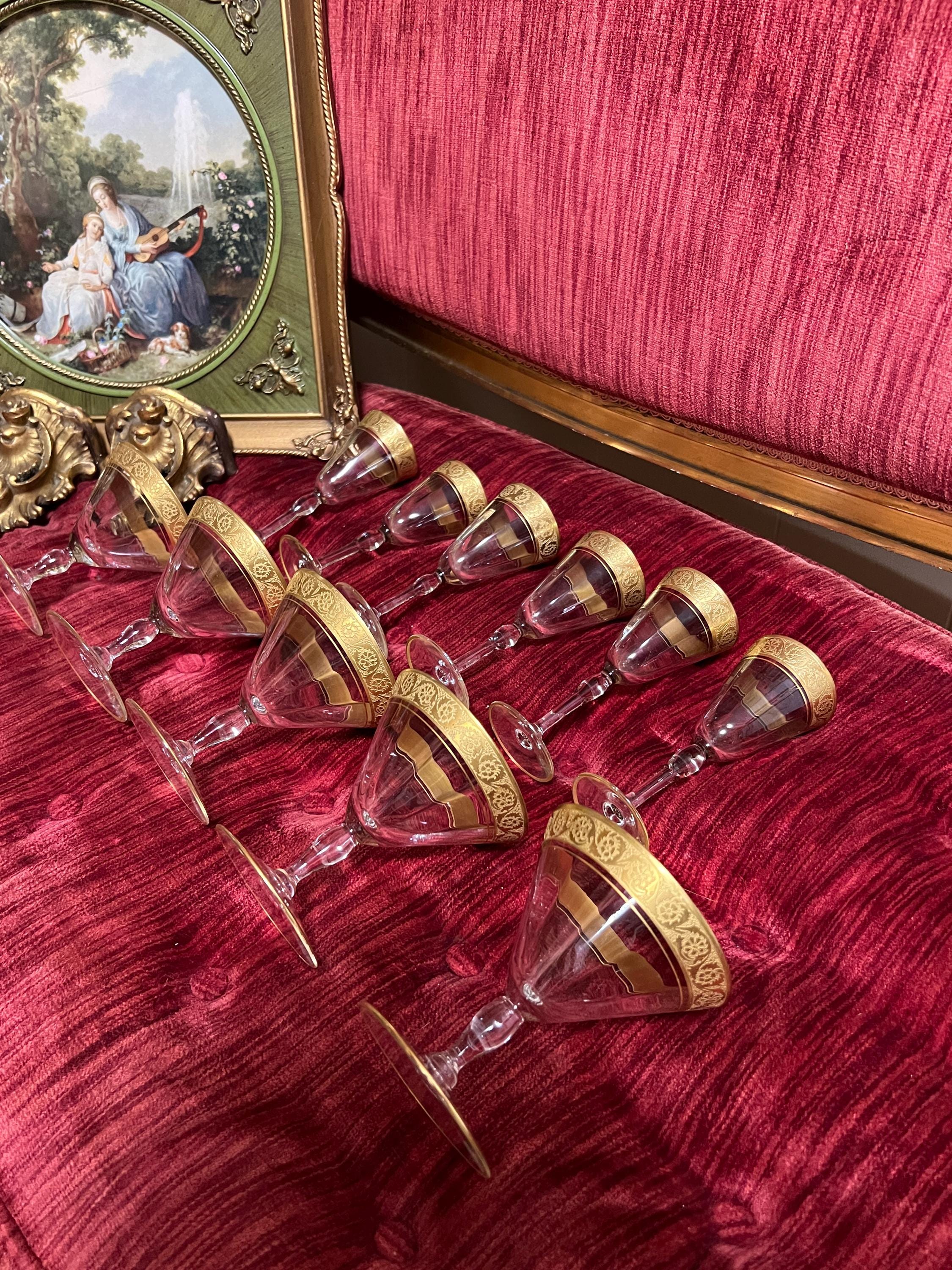 Vintage Gold Rimmed Glassware Set Crystal Dessert Plates Barware Tumblers Wine Glasses Cocktail Goblets Elegant Hollywood Regency Style