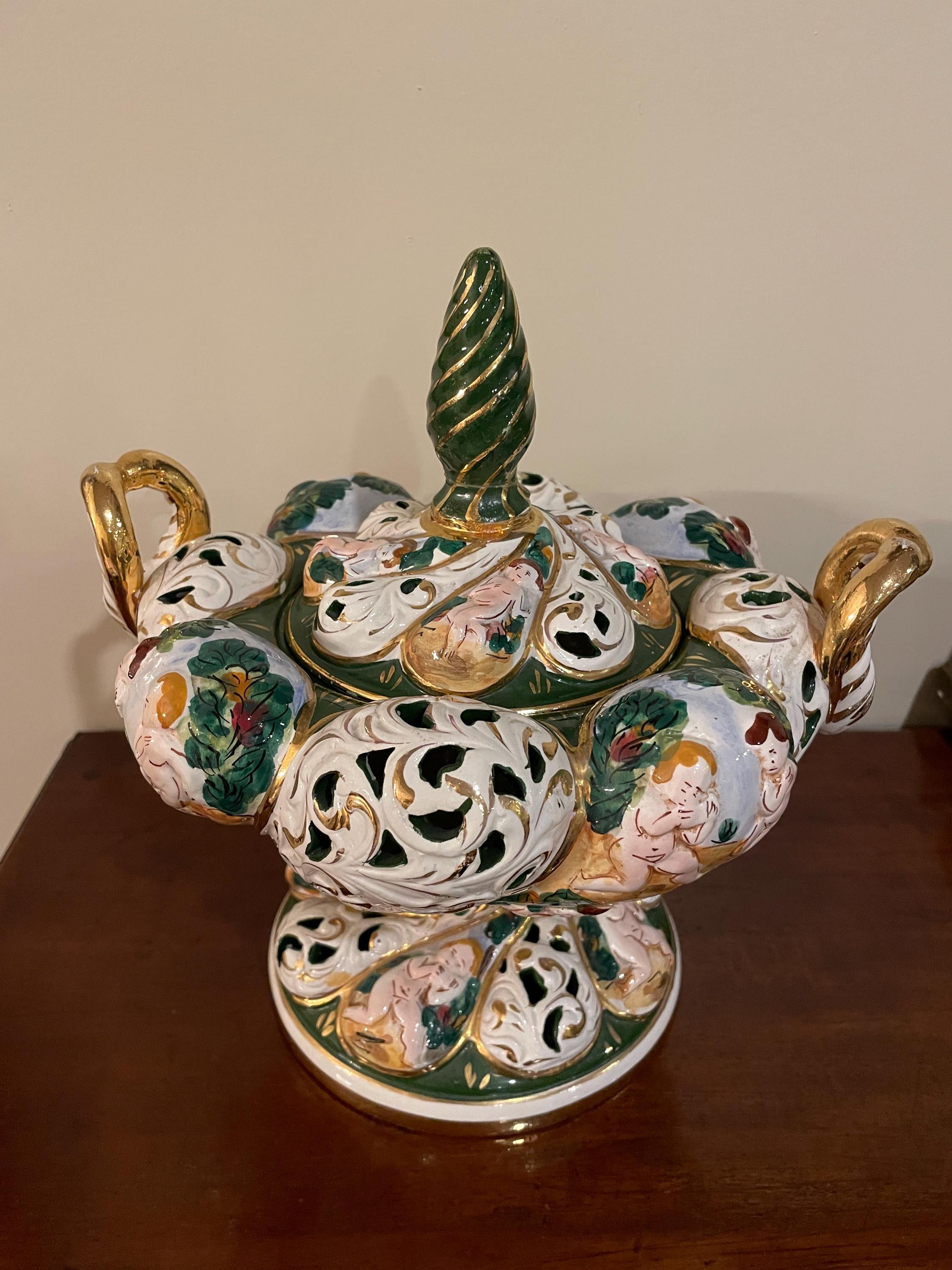 Vintage Italian Handcrafted Ceramic Sugar Bowl Ornate Baroque Design Cherub Motifs Gold Accents Floral Details Collectible Home Decor