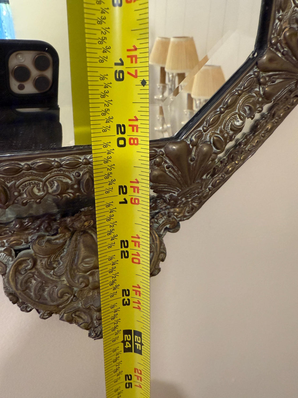 Antique French Bronze Rococo Mirror, Ornate Floral Crest, Beveled Glass