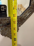 Antique French Bronze Rococo Mirror, Ornate Floral Crest, Beveled Glass