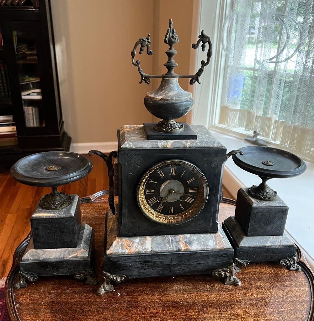 Antique French Marble Clock Set Victorian Black Slate Bronze Ormolu Mantelpiece Decorative Vintage Clock Collectible Centerpiece Rare Gift
