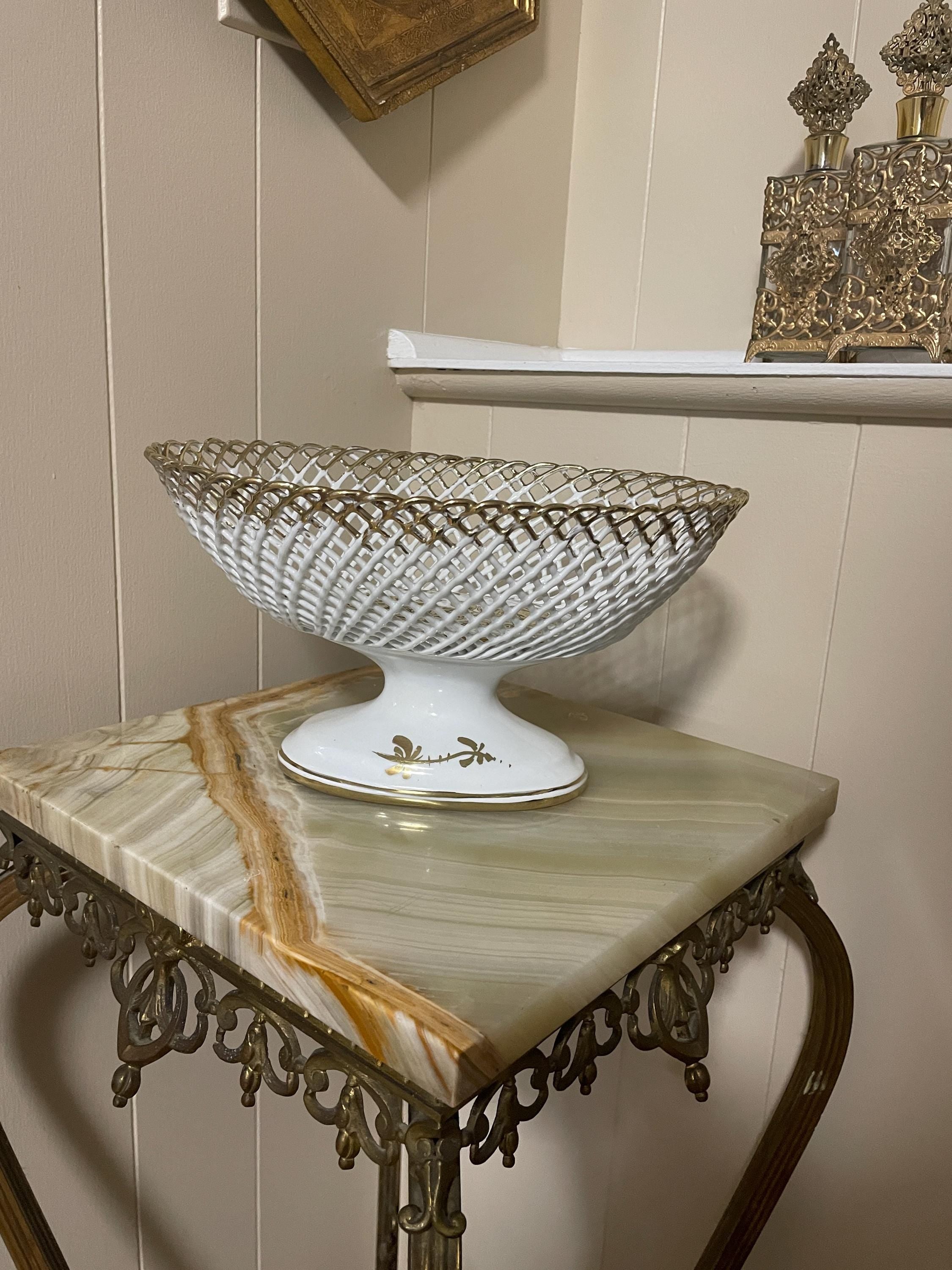 Vintage Porcelain Gold Hand Painted Italian Basket Tableware Serving Dish Fruit Dish Pedestal Bowl  with Gold Accent Vintage Centerpiece