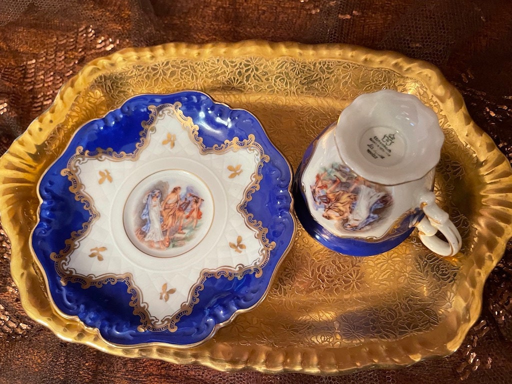 Antique Hand Painting Cobalt Blue Collectible  Porcelain  Coffee Cup & Saucer