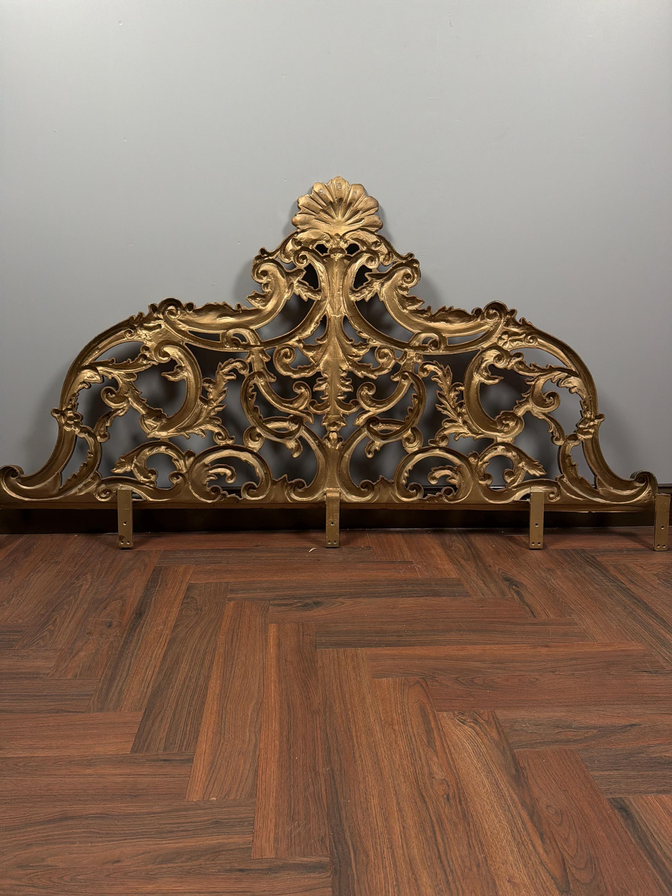 Vintage Rococo King Headboard | Ornate Gold-Tone Cast Metal Statement Piece