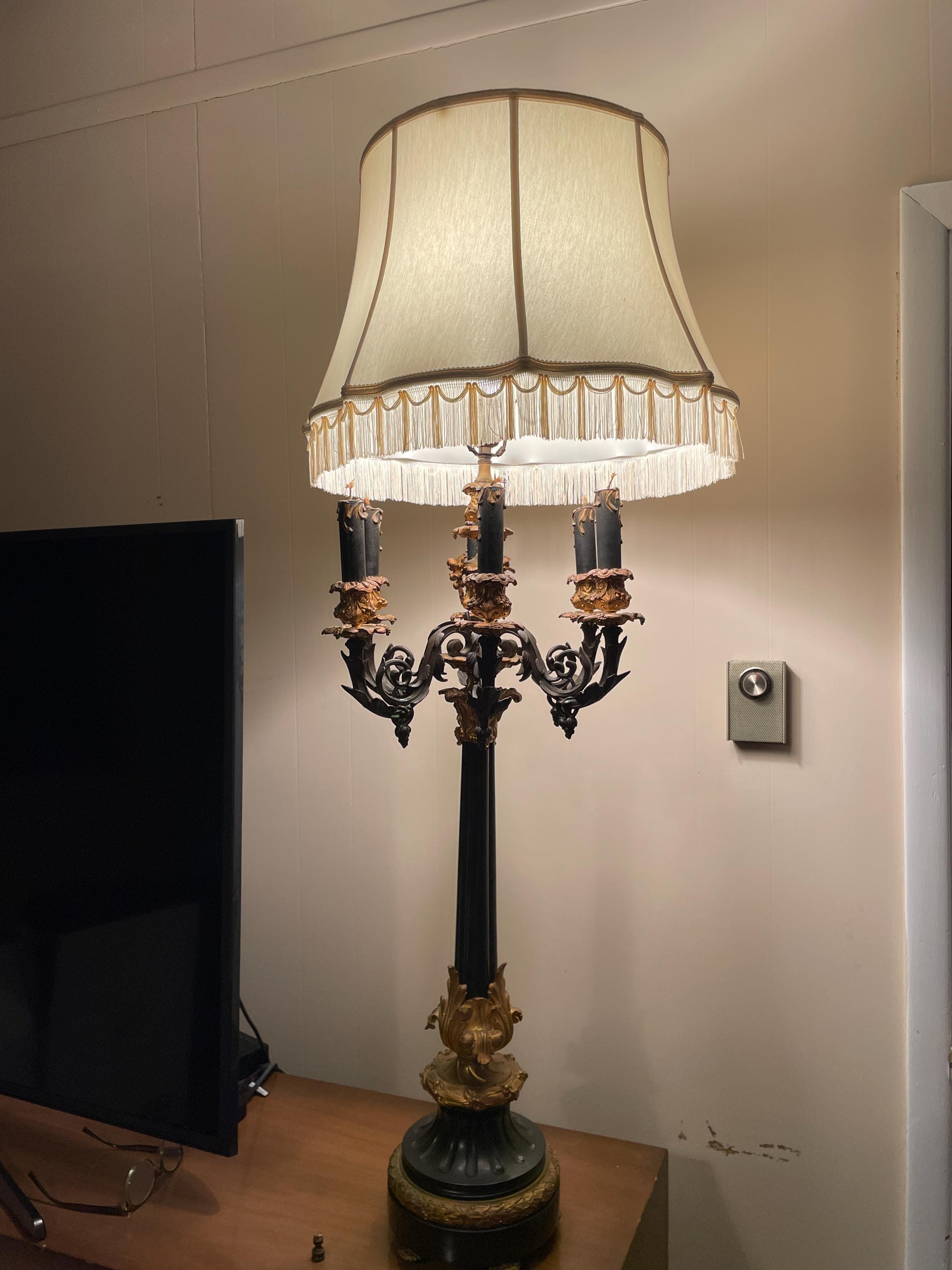 Antique Brass Candelabra Lamp Elegant Shade Vintage Ornate Lighting Decorative Table Lamp Luxurious Home Décor Timeless Classic Piece Lamp