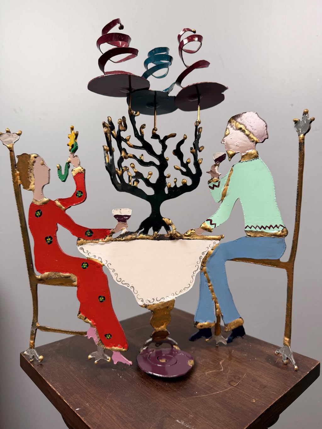 Vintage Hand-Painted Metal Judaica Folk Art Sculpture – Menorah Celebration Couple Table Scene